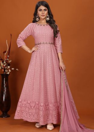 Pink Readymade Thread Embroidered Georgette Anarkali Suit
