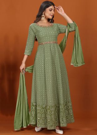Green Thread Embroidered Readymade Anarkali Suit In Georgette 