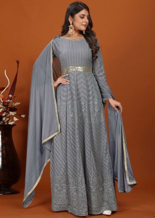 Grey Readymade Georgette Anarkali Suit In Thread Embroidery