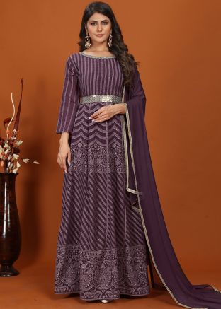 Purple Readymade Thread Embroidered Georgette Anarkali Suit