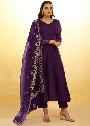 Readymade Purple Anarkali Suit In Organza