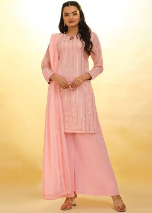 Readymade Pink Sequins Embellished Palazzo Suit