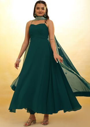 Teal Green Readymade Anarkali Suit & Dupatta