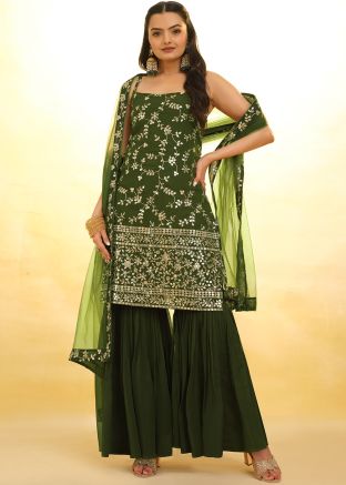 Readymade Green Embroidered Gharara Suit Set