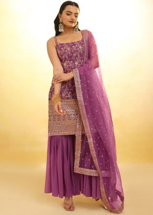 Purple Readymade Embroidered Gharara Style Suit