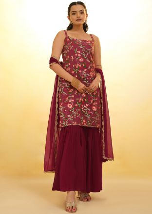 Readymade Wine Embroidered Gharara Suit In Net