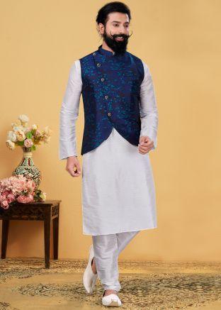 White Kurta Churidar With Asymmetric Woven Jacket