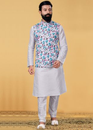 White Readymade Kurta Churidar With Floral Printed Jacket