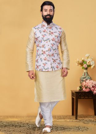 Cream Readymade Kurta Churidar With Floral Printed Jacket