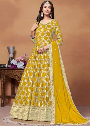 Yellow Zari Woven Anarkali Suit In Art Silk