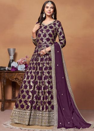 Purple Zari Woven Art Silk Anarkali Suit