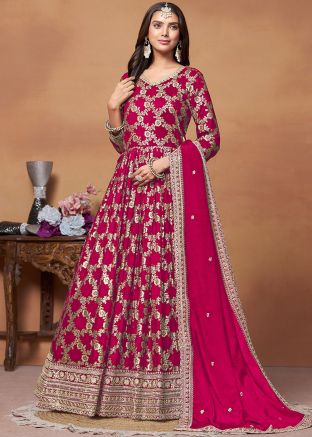 Pink Art Silk Anarkali Suit In Zari Woven
