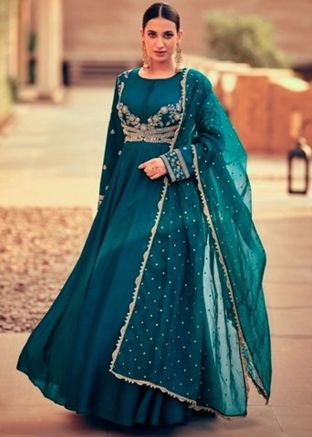 Blue Embroidered Anarkali Suit Set In Chiffon