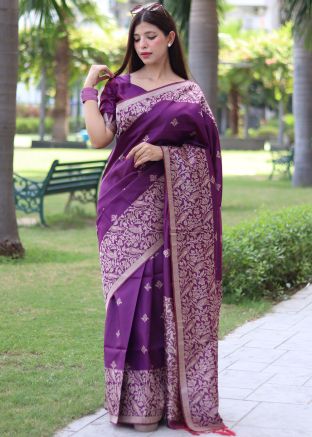 Purple Zari Woven Saree In Handloom Silk