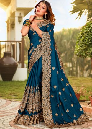 Teal Blue Satin Saree In Zari Embroidery