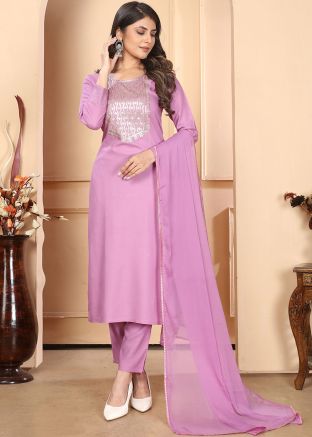 Purple Embroidered Suit Set In Rayon
