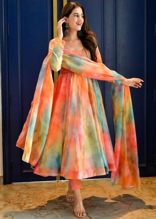 Multicolor Tie-dye Print Anarkali Suit Set