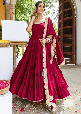 Maroon Tiered Style Readymade Rayon Anarkali Suit