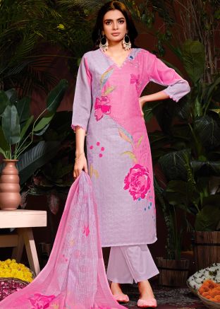 Purple Floral Printed Suit Set In Cotton