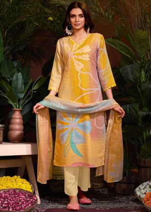 Yellow Floral Printed Suit Set In Cotton