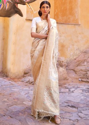 Cream Zari Woven Saree In Silk