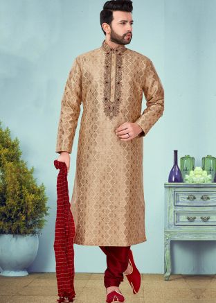 Golden Woven Jacquard Kurta With Churidar