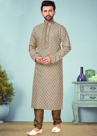 Beige Cotton Silk Geometric Printed Kurta With Churidar