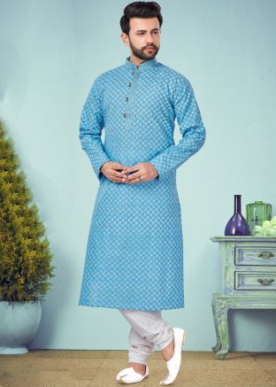 Blue Readymade Printed Cotton Silk Kurta Churidar Set
