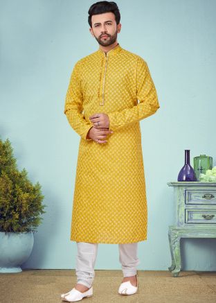 Yellow Printed Readymade Kurta With Churidar