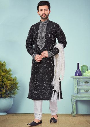 Black Embroidered Readymade Kurta With Churidar
