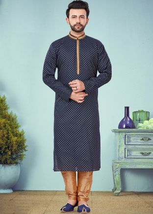 Navy Blue Readymade Printed Kurta Churidar Set