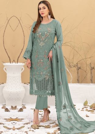 Sage Green Embroidered Georgette Pant Suit