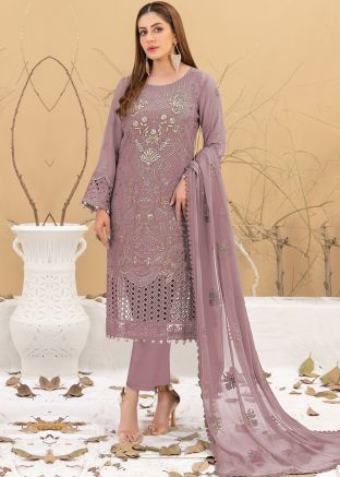 Mauve Pink Embroidered Pant Suit In Georgette