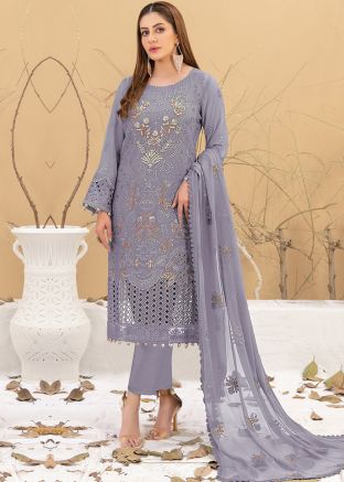 Dull Lavender Georgette Pant Suit In Thread Embroidery