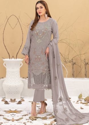Mauve  Grey Embroidered Georgette Pant Suit Set