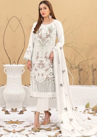 White Embroidered Pant Suit In Georgette