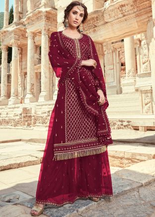 Maroon Sequins Embroidered Sharara Suit Set