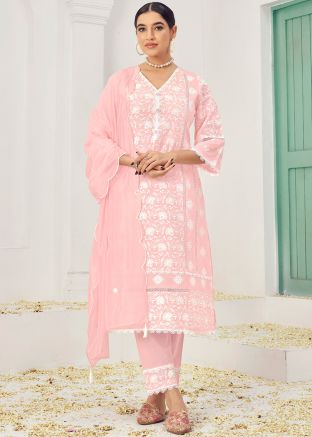 Light Pink Embroidered Readymade Cotton Pant Suit