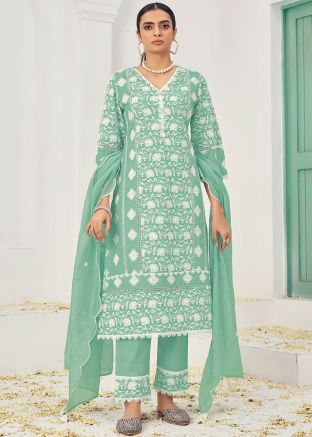 Green Readymade Embroidered Pant Suit In Cotton