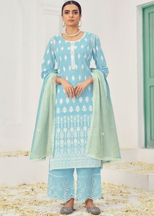 Light Blue Embroidered Readymade Cotton Palazzo Suit