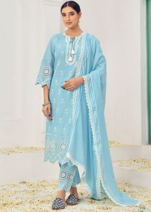 Sky Blue Cut Work Readymade Cotton Pant Suit