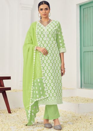 Readymade Embroidered Cotton Pant Suit In Light Green