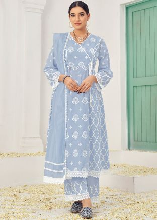 Pastal Blue Readymade Kaftan Style Pant Suit In Cotton