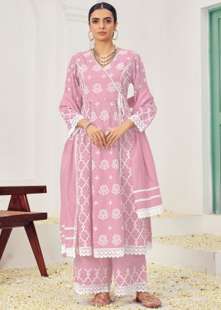 Pink Readymade Kaftan Style Cotton Pant Suit