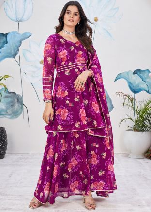 Purple Floral Print Gharara Suit Set In Georgette