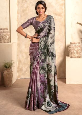 Mauve Pink Floral Printed Satin Saree