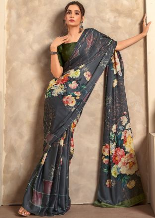 Grey Floral Print Saree In Satin