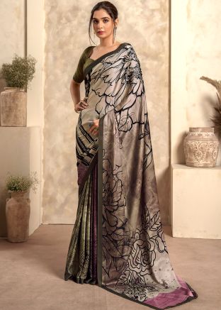 Grey Satin Saree In Floral Print