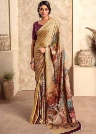 Beige Floral Printed Satin Saree