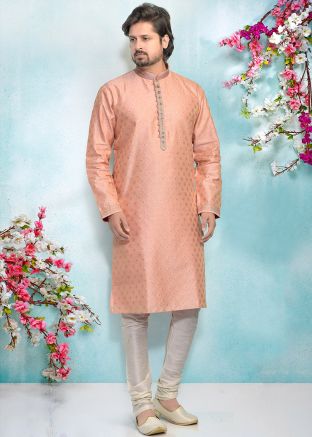 Readymade Peach Kurta Pajama In Jacquard